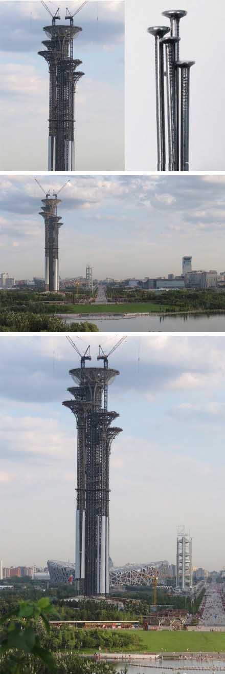北京奧林匹克公園新瞭望塔被指像5根釘子(圖)